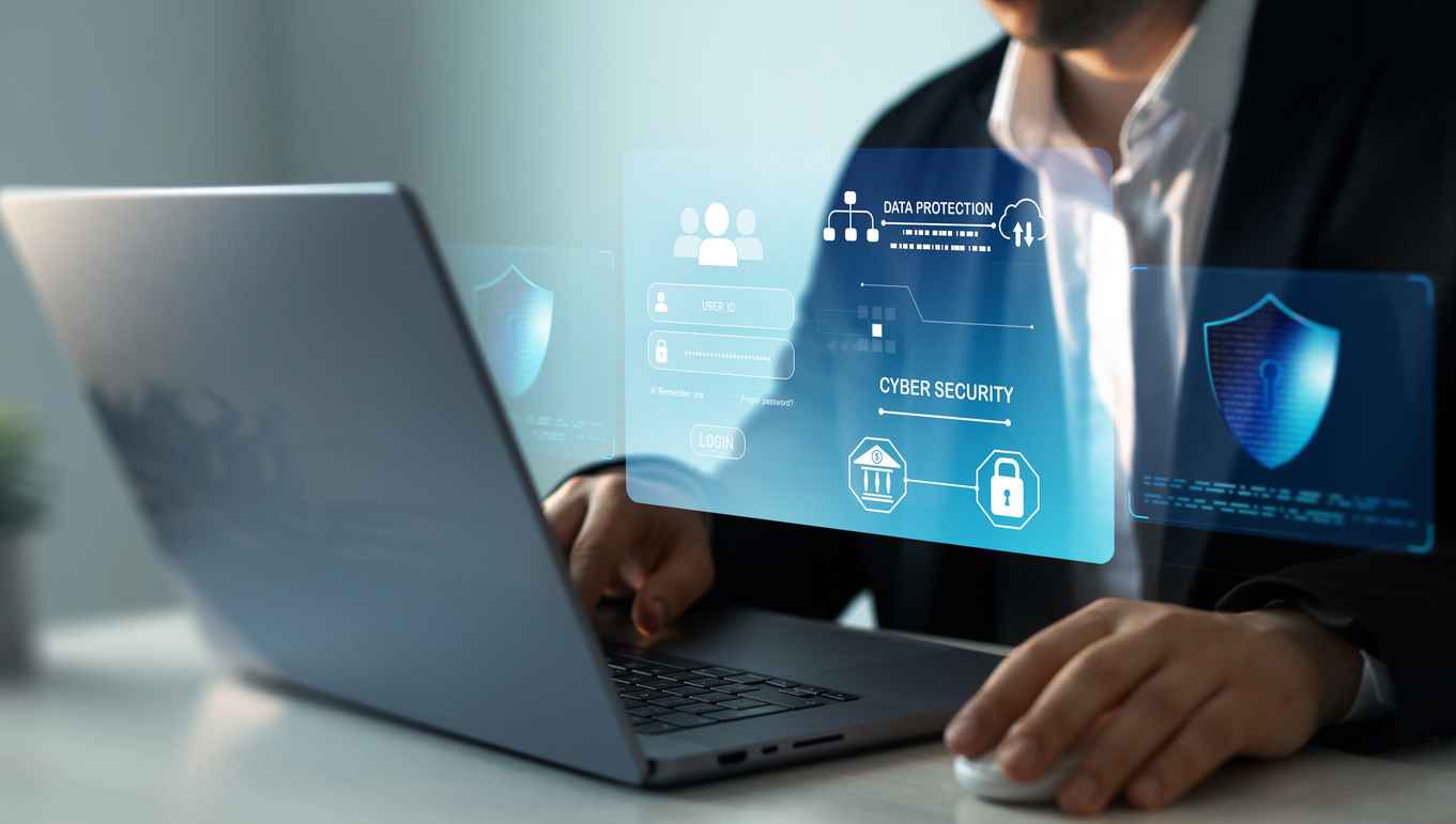 Protecting herself from cyber attacks and personal data.Protection data access.Cyber security protection concept