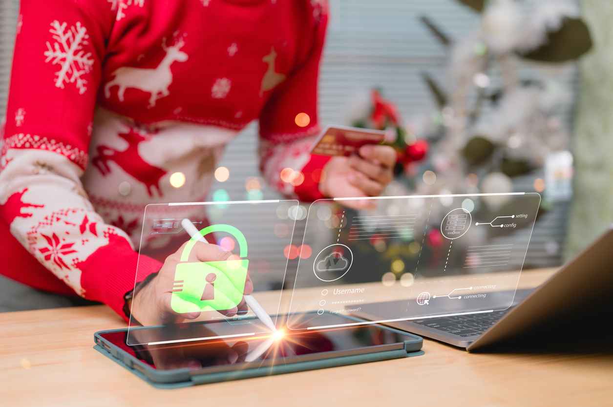 Festive Christmas Online Shopping Users Stylus Interaction On Tablet Emphasizes Security For Data And Password Glowing Padlock Icon Ensures Safe Digital Interaction