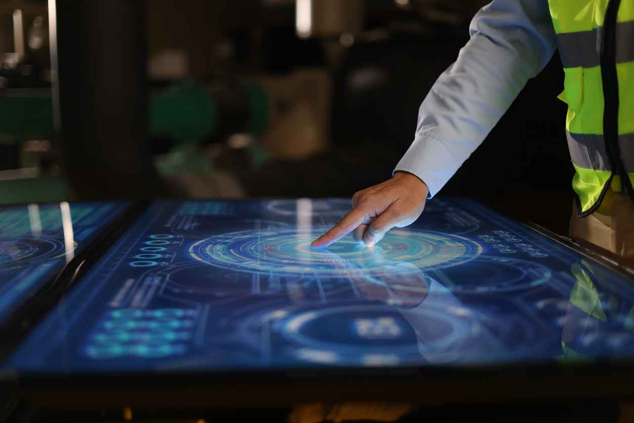 Close-up engineer hand Futuristic control panel, Digital element digital technology