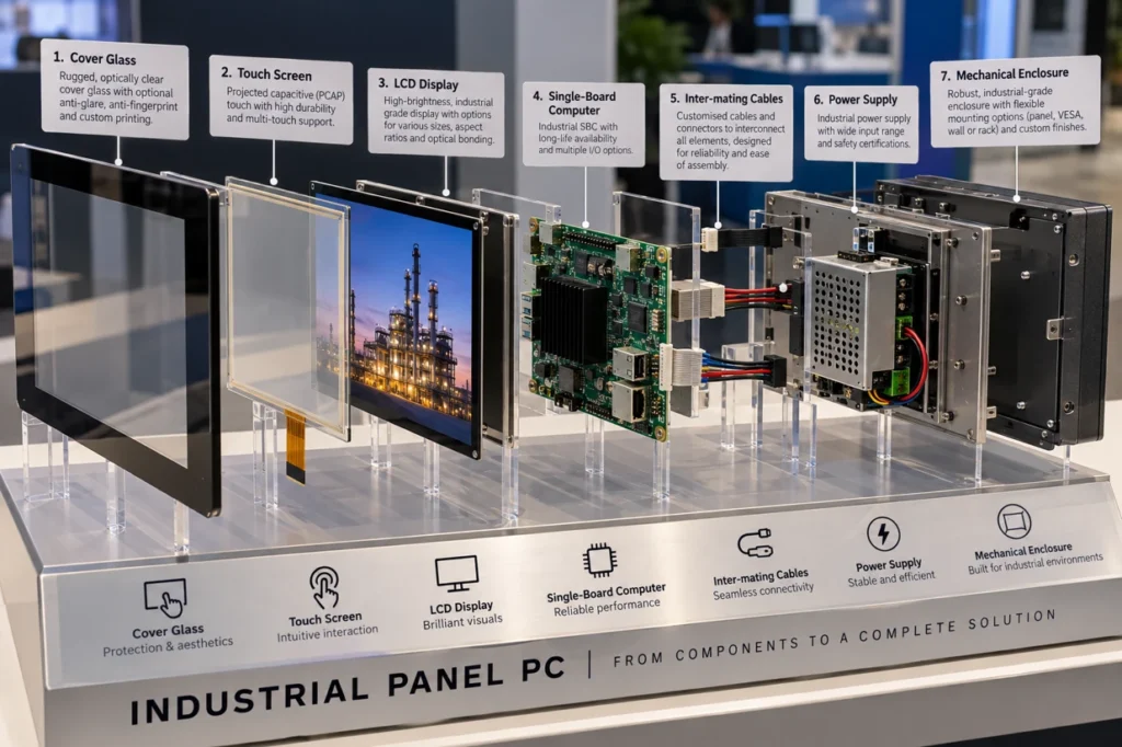 Exploded view of an industrial panel PC, from cover glass to mechanical enclosure
