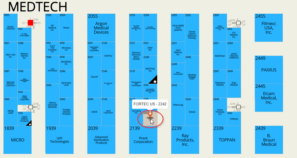 MD&M West 2027 floor plan of the Medtech hall, with booth 2242, FORTEC US, circled